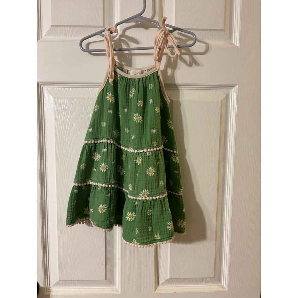 Miki Miette Baby Dress Green Daisy Tiered Tie Straps Size 18M 100% Cotton